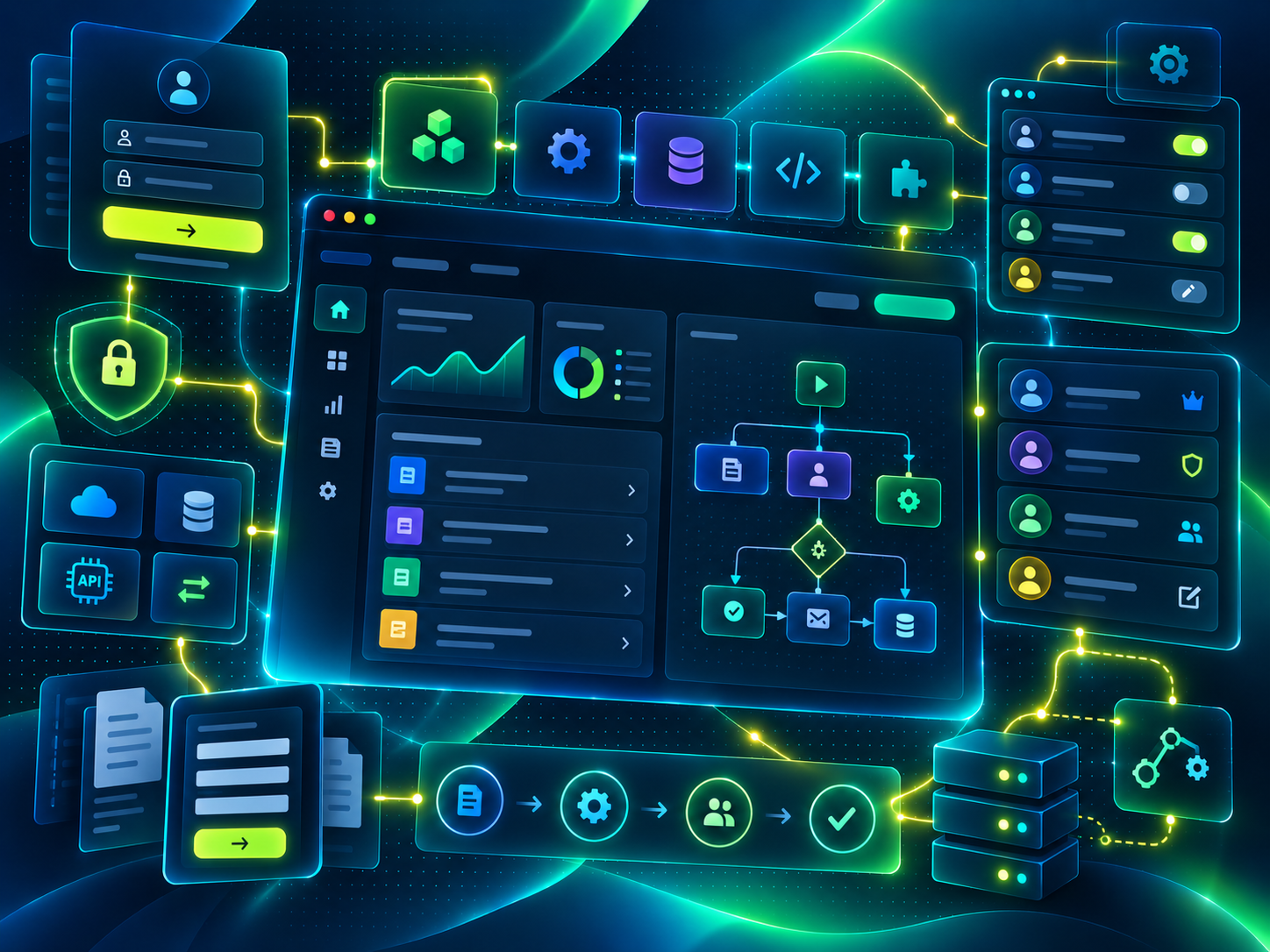 Painel modular de plataforma com integrações, permissões e fluxos