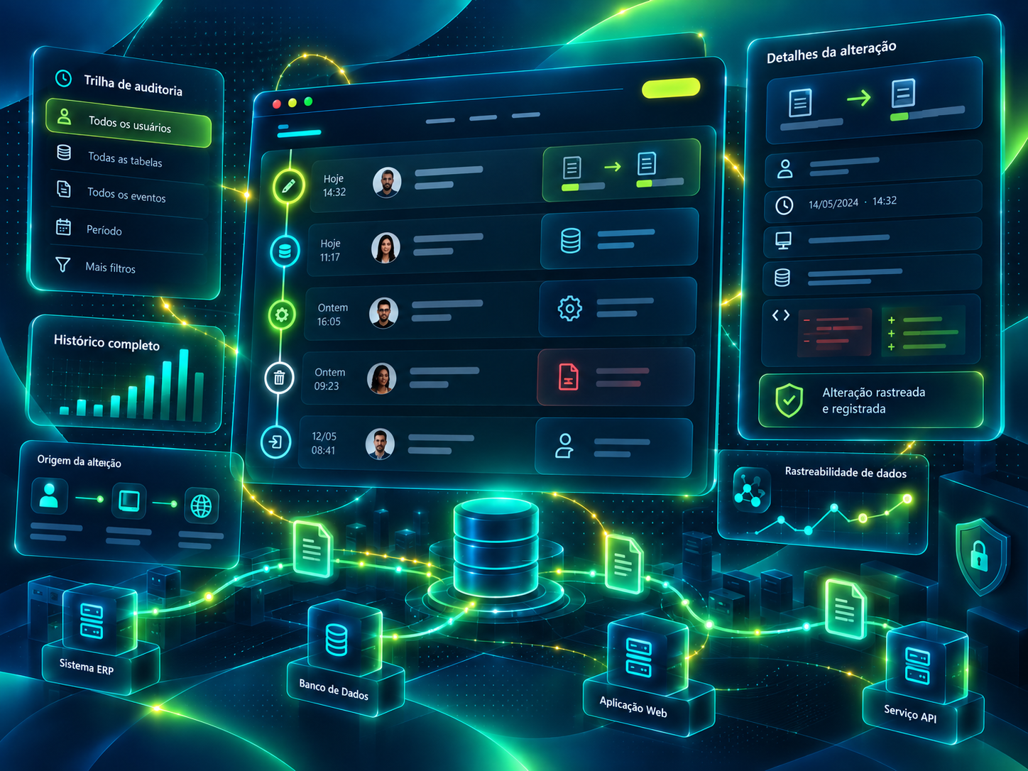 Painel de rastreabilidade com histórico, auditoria, logs e origem das alterações