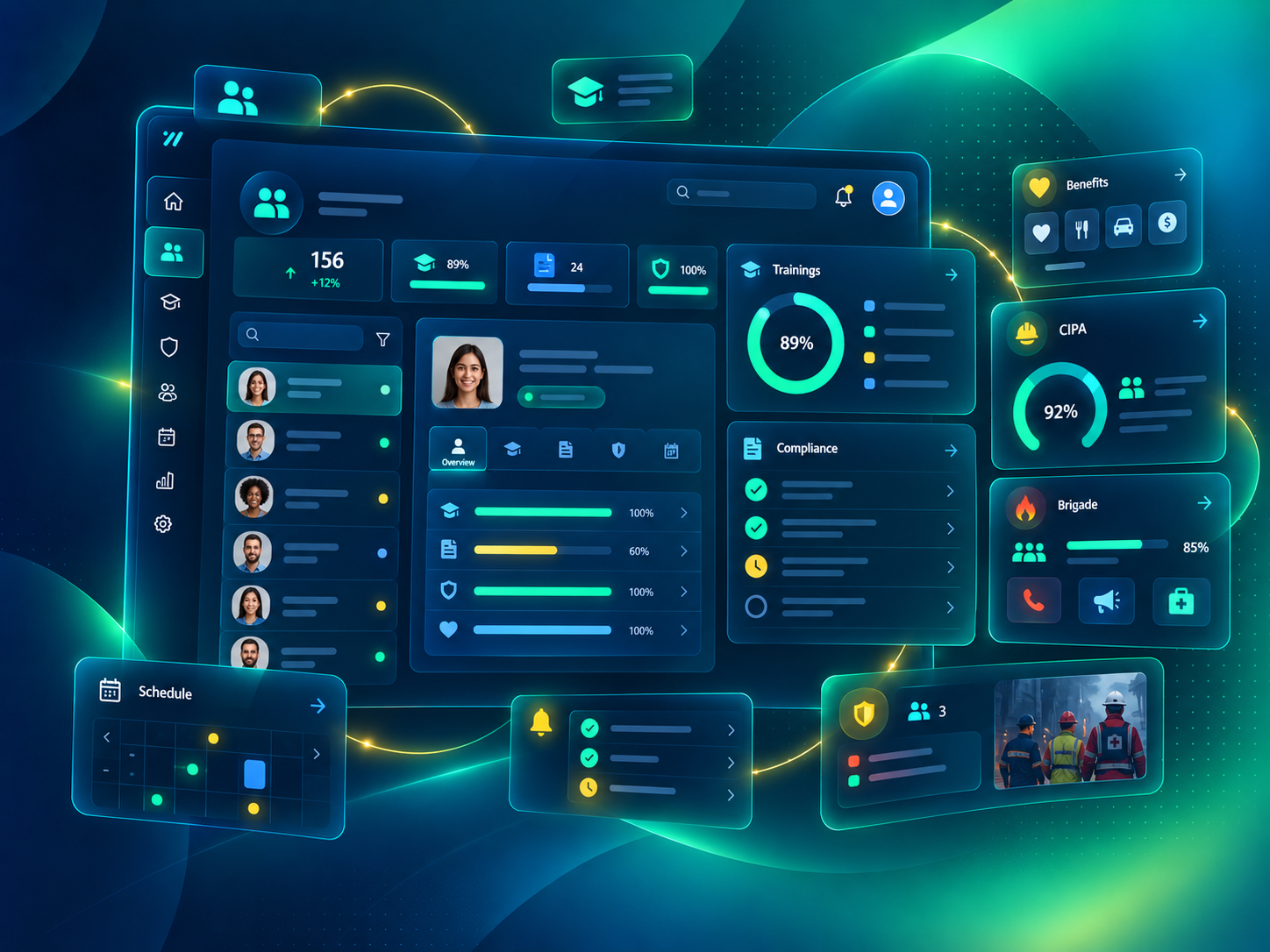 Painel de RH com colaboradores, benefícios, indicadores e documentos