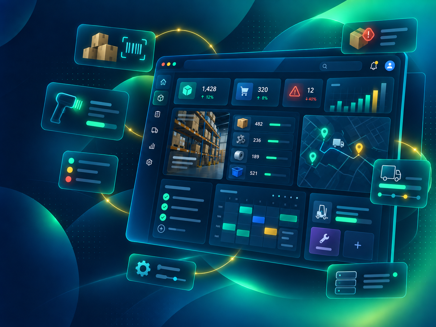 Painel de estoque e logística com inventário, movimentações, alertas e indicadores