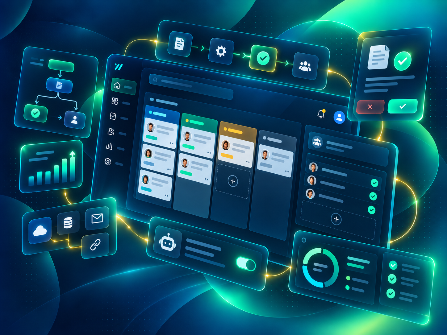 Painel de automação e sistemas customizados com módulos, fluxos e integrações